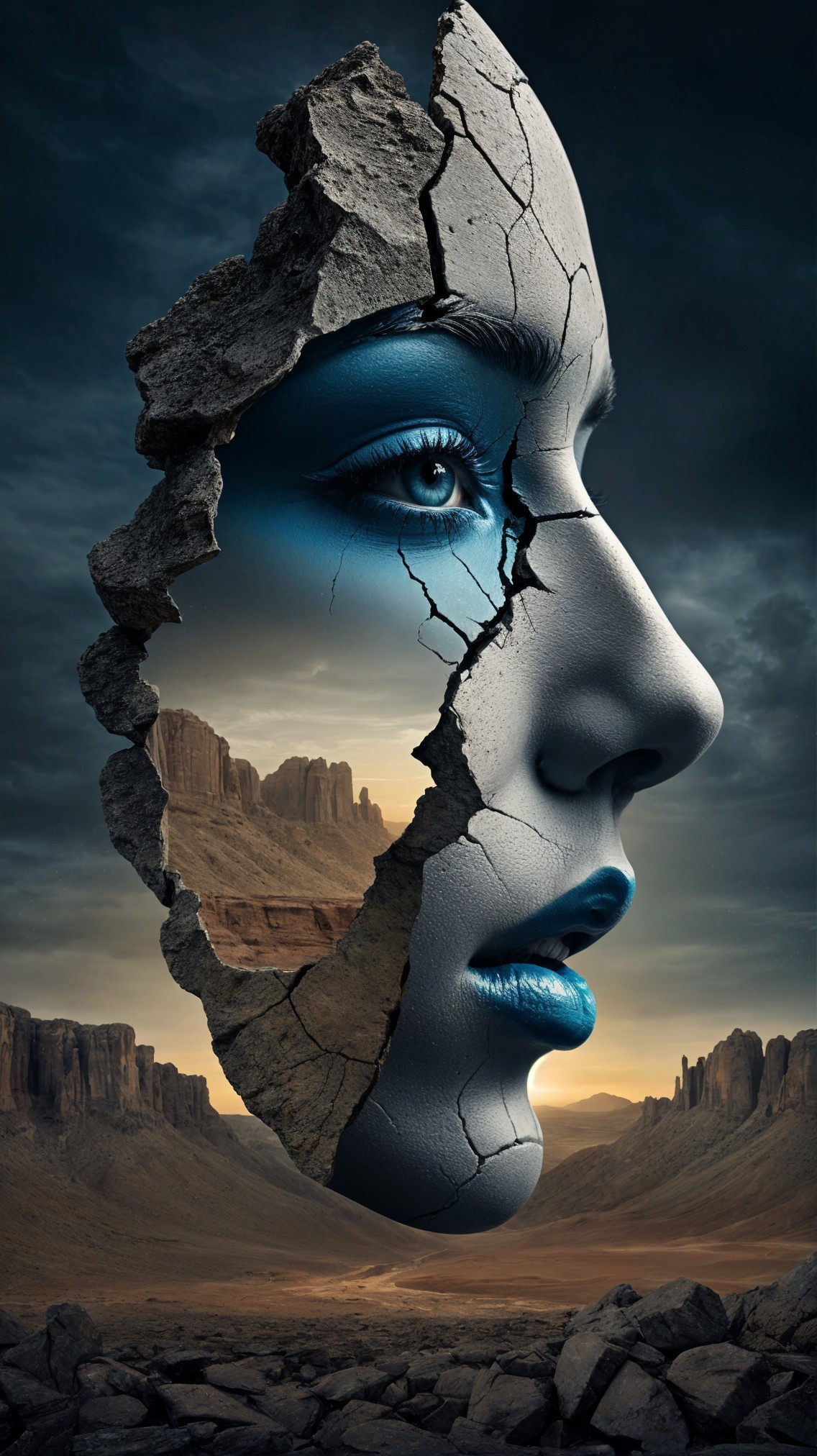 Surreal Landscape with Stone Woman's Face and Desert Scene