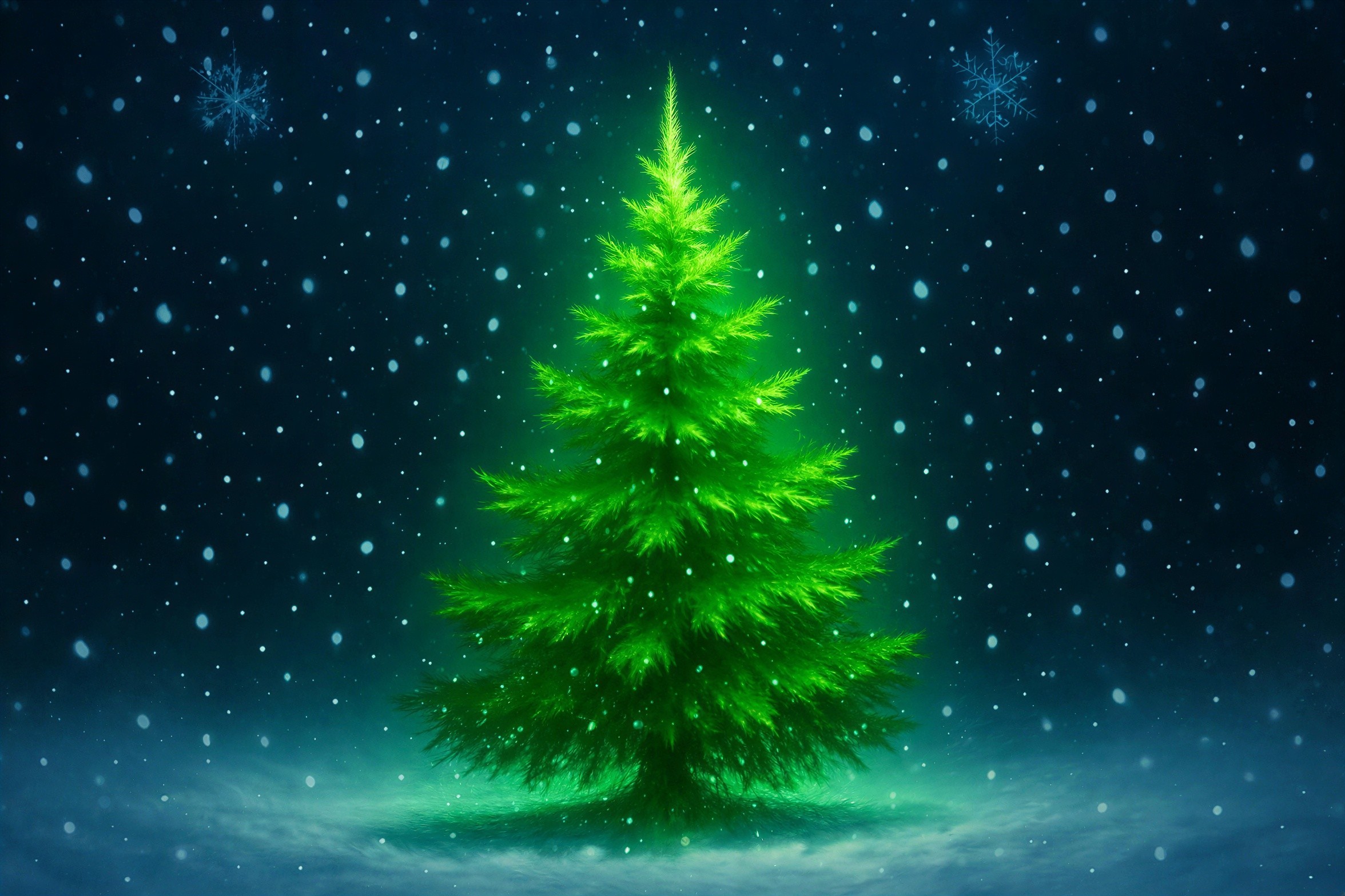 Glowing Green Christmas Tree on Snowy Night Scene