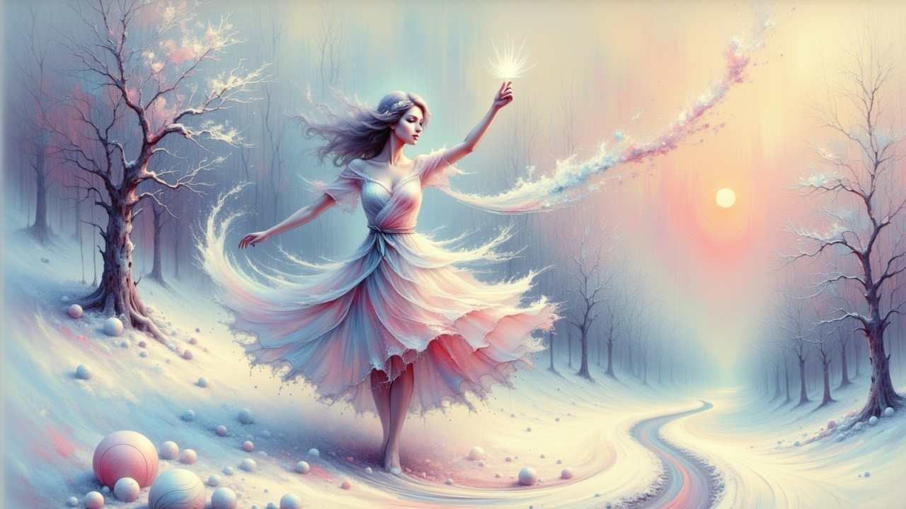 Winter Landscape with Woman in Pastel Dress