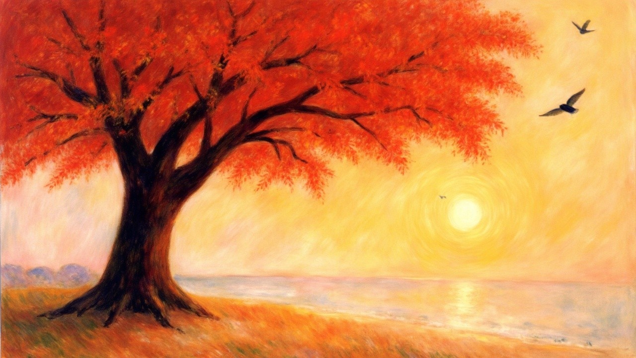 Vibrant Autumn Scene with Red Leaves and Sunset