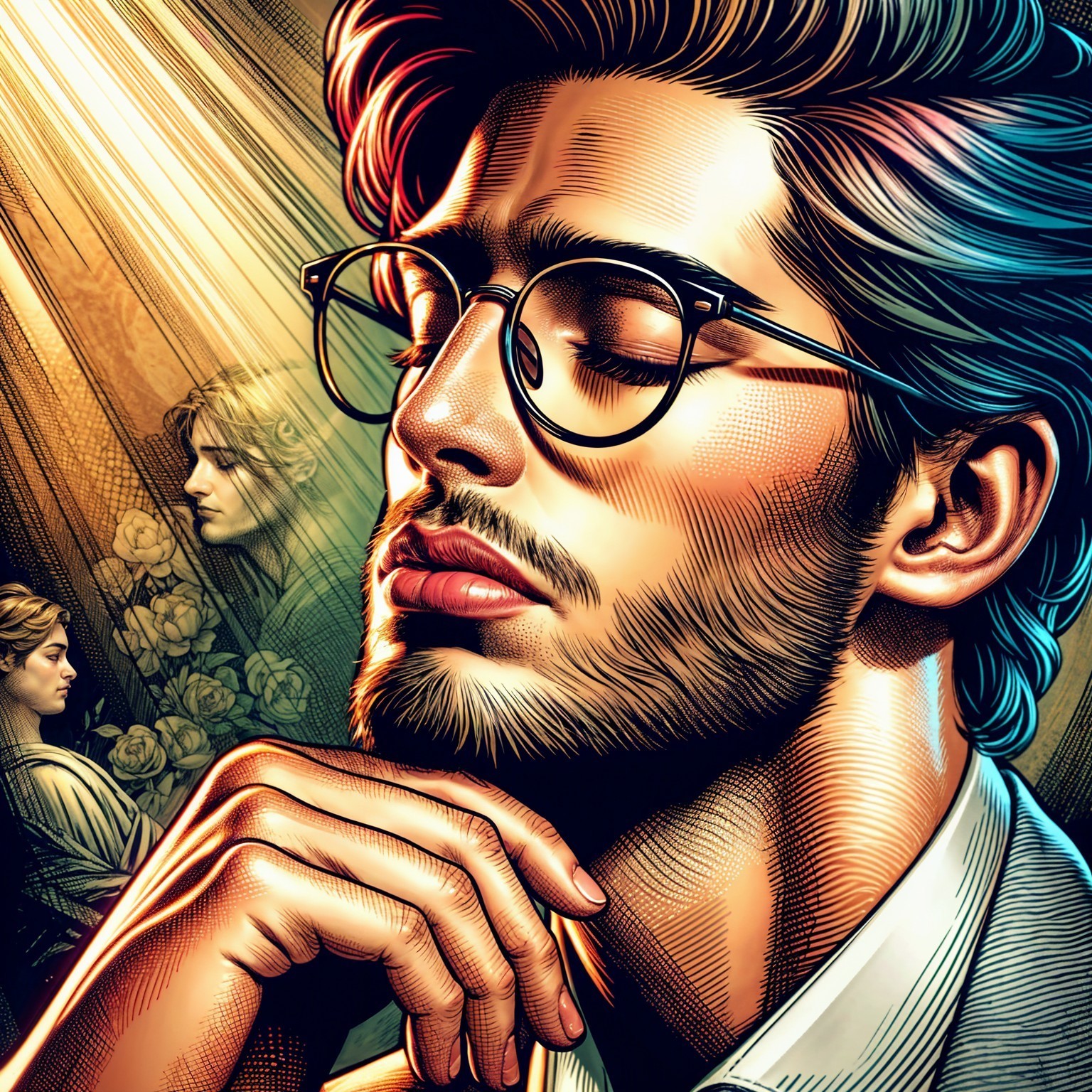 Young man in stylish glasses in contemplative pose
