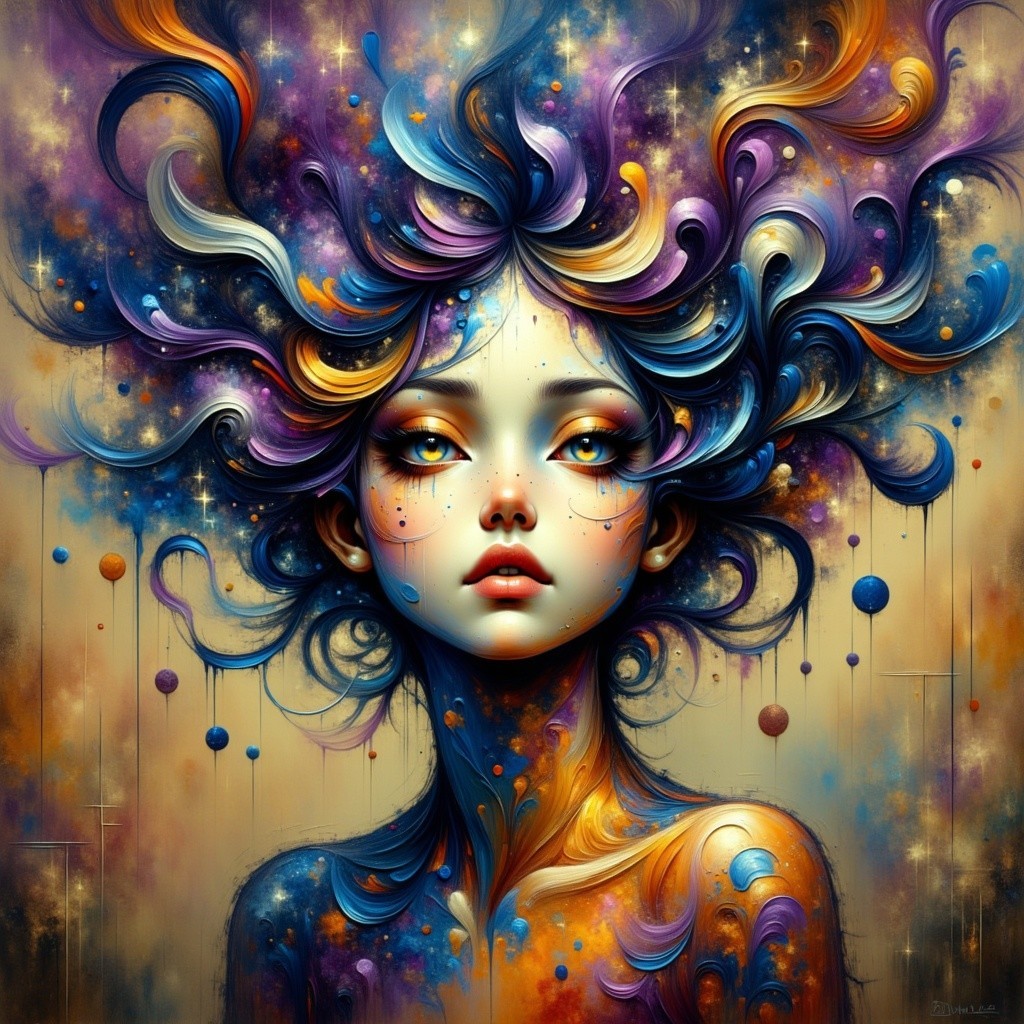 Young Woman with Colorful Hair in Cosmic Setting