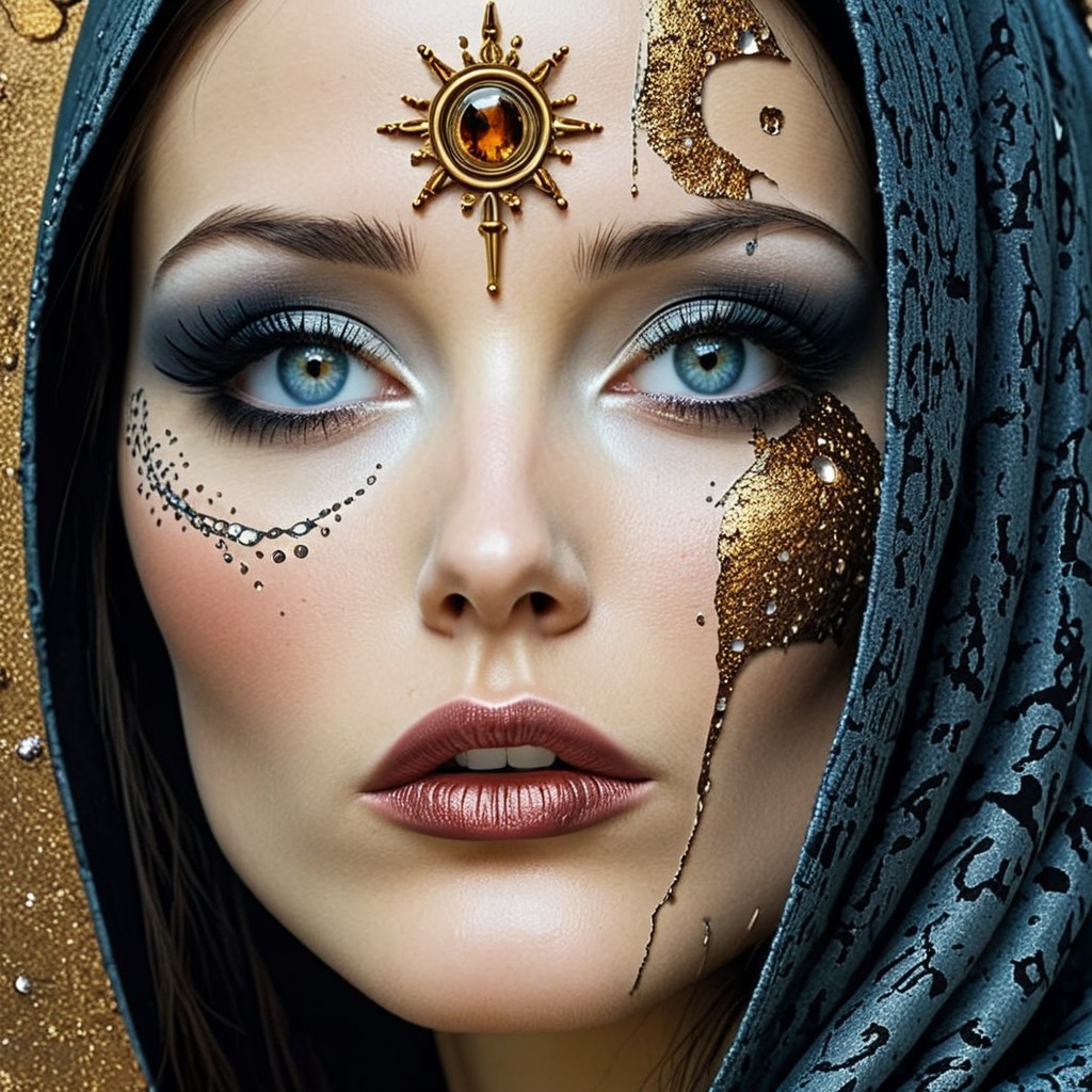 Close-up of a woman with blue eyes and artistic makeup