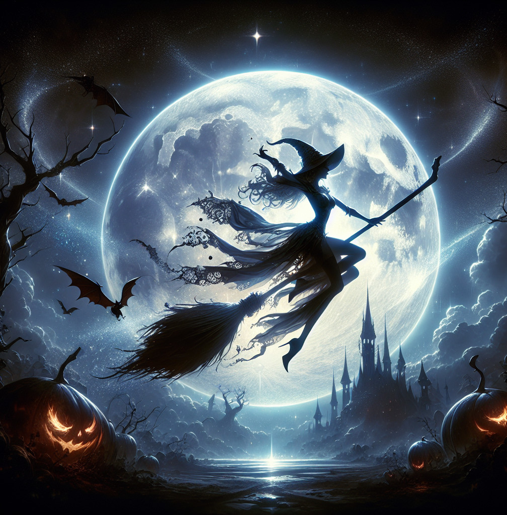 Witch Flying on Broomstick Against Full Moon Scene