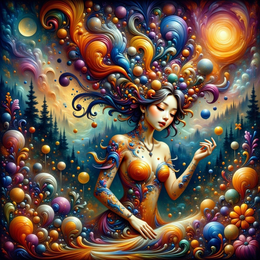 Surreal Artwork of Woman in Vibrant Cosmic Landscape