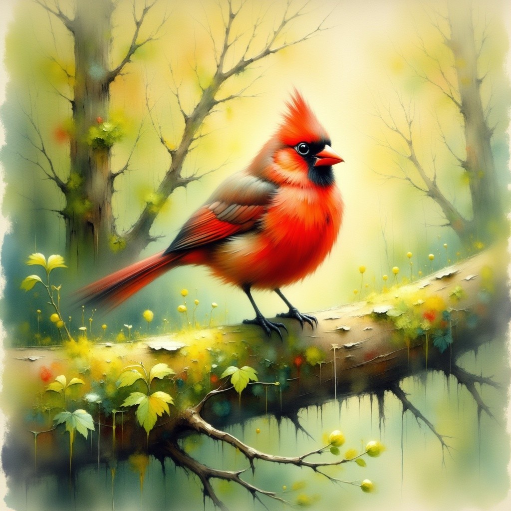 Cardinal on Mossy Branch in Spring Forest Setting