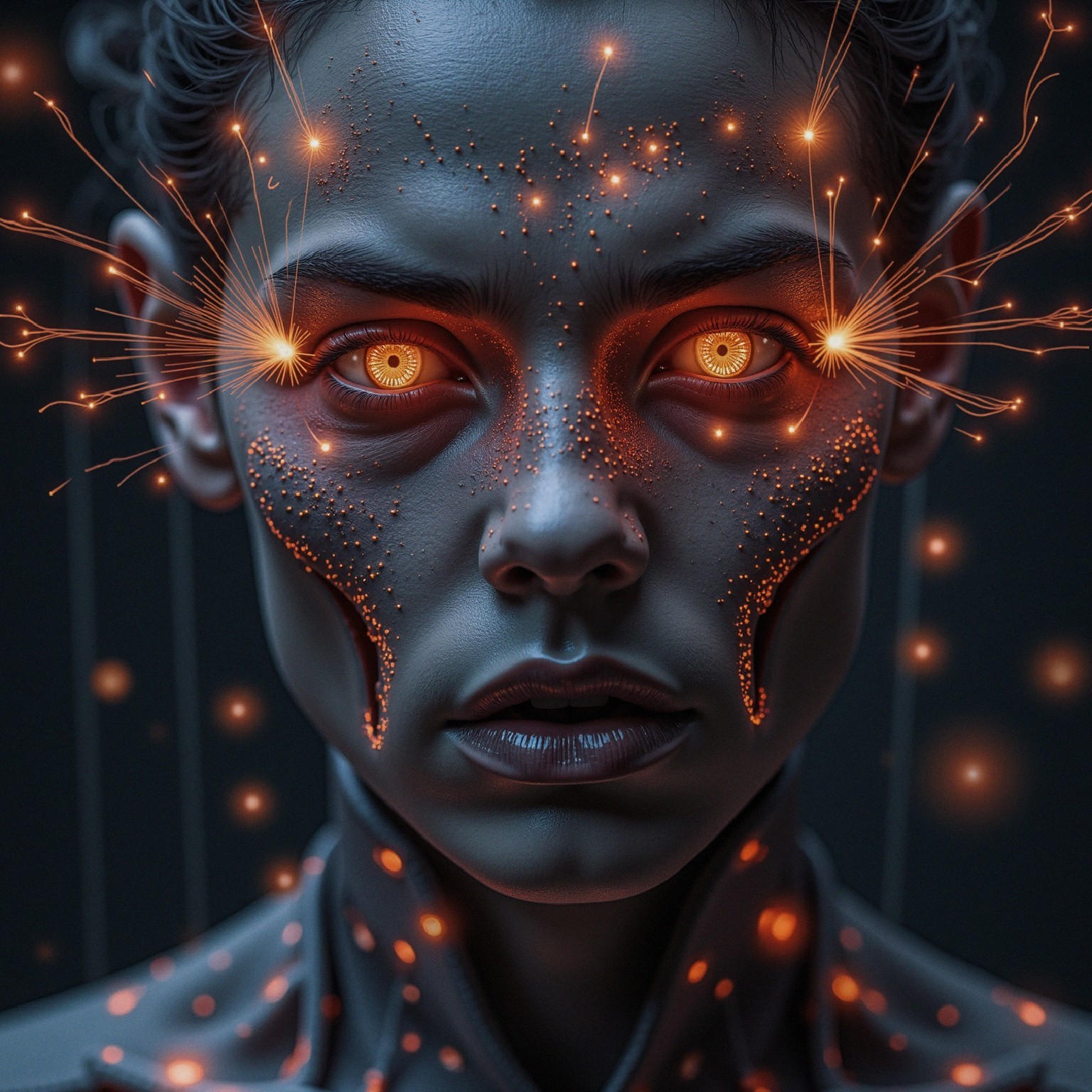Futuristic figure with glowing orange eyes and patterns