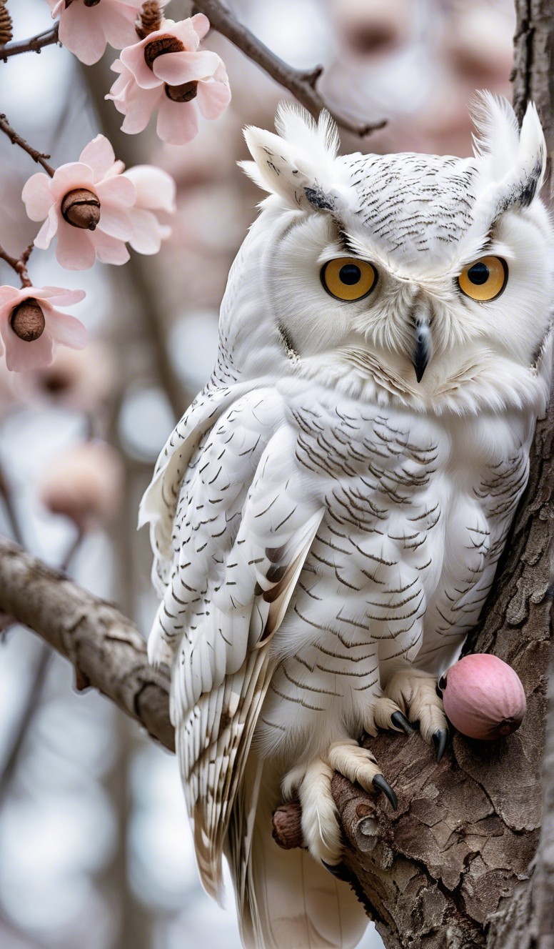 White Owl on Tree Branch with Pink Blossoms