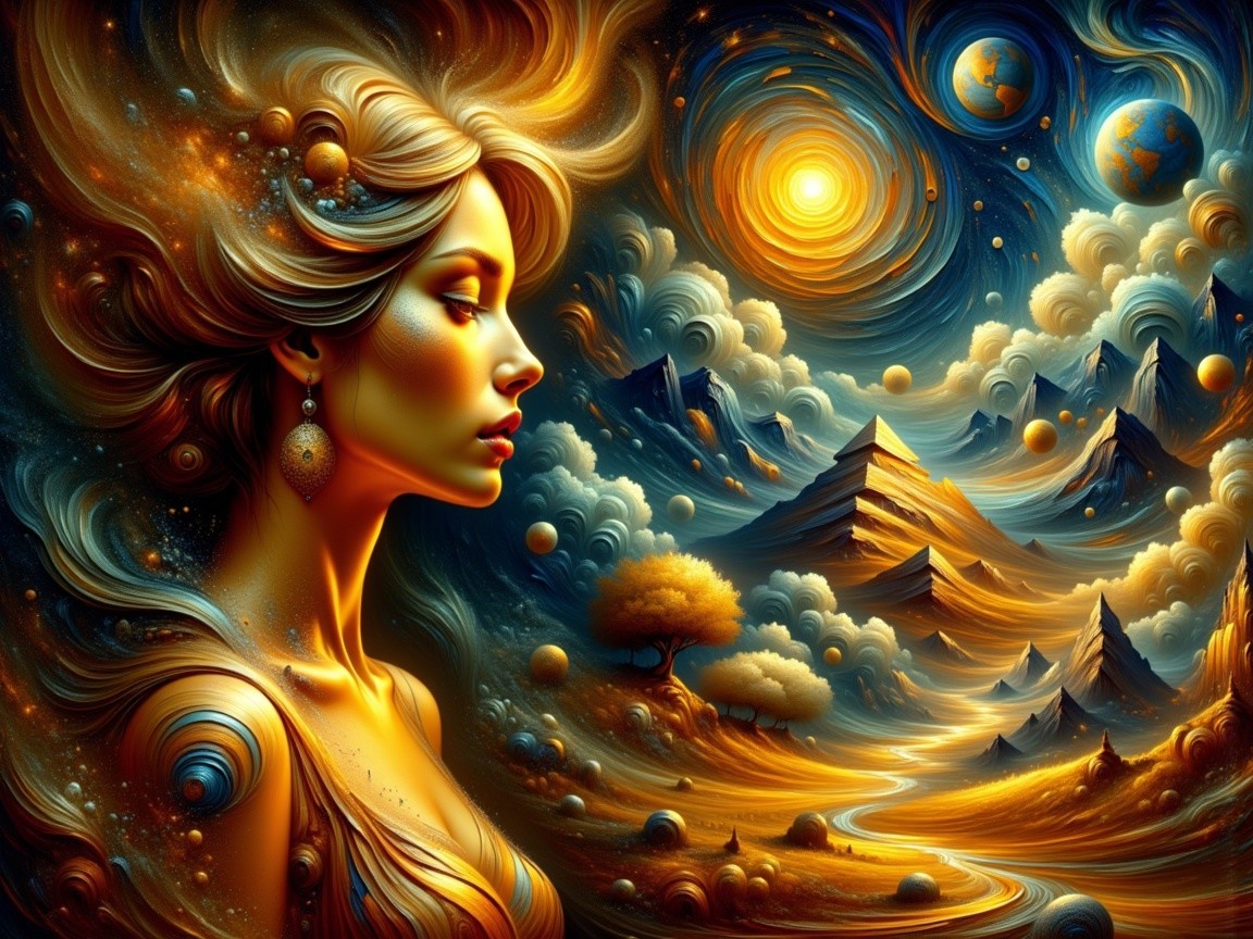 Surreal Artwork of a Woman in a Cosmic Landscape