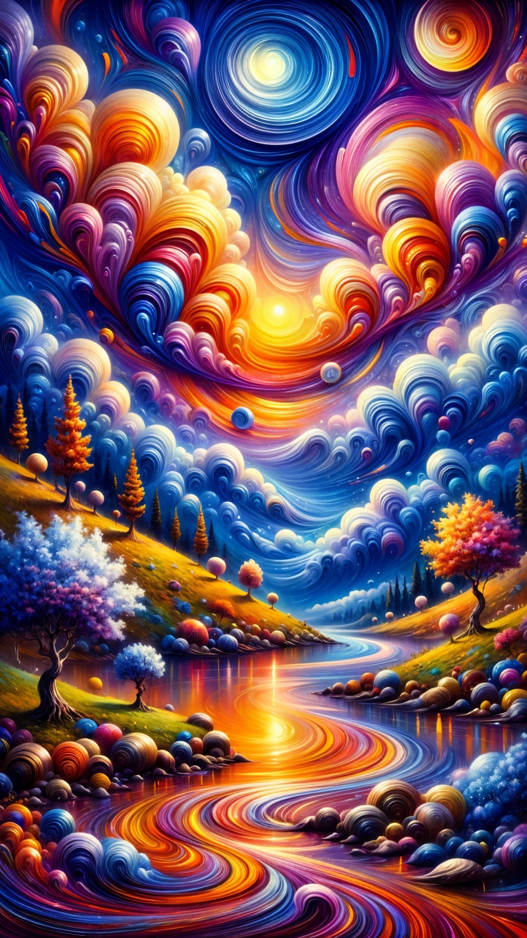 Vibrant Landscape with Serene River and Fantastical Sky