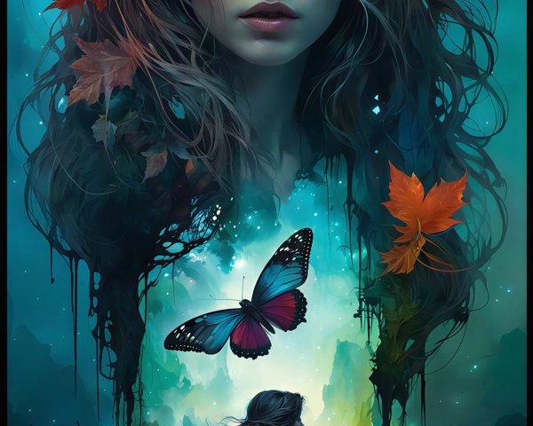 Fantasy Art of Woman with Autumn Leaves and Butterfly