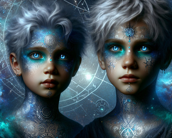 Celestial Children with Glowing Patterns and Cosmic Background