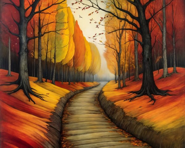 Autumn Landscape with Winding Path and Vibrant Trees