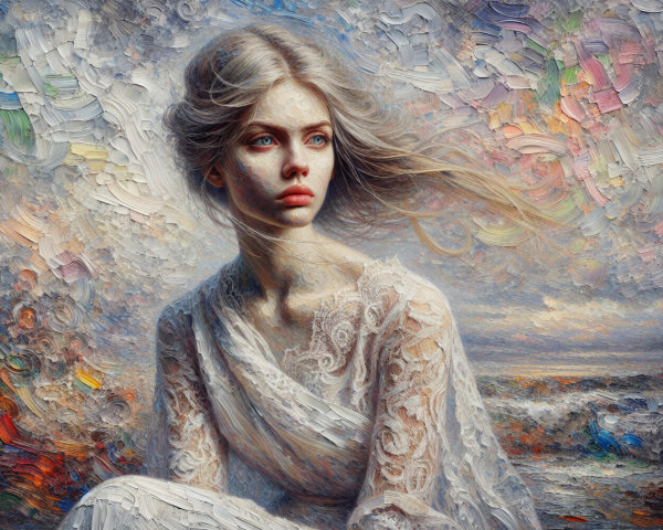 Delicate Young Woman in Lace Garment Against Colorful Sky