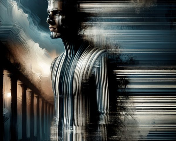 Surreal Figure with Blurred Architectural Columns