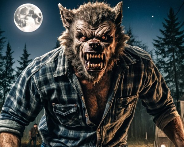 Werewolf in Moonlit Forest with Plaid Shirt and Fangs