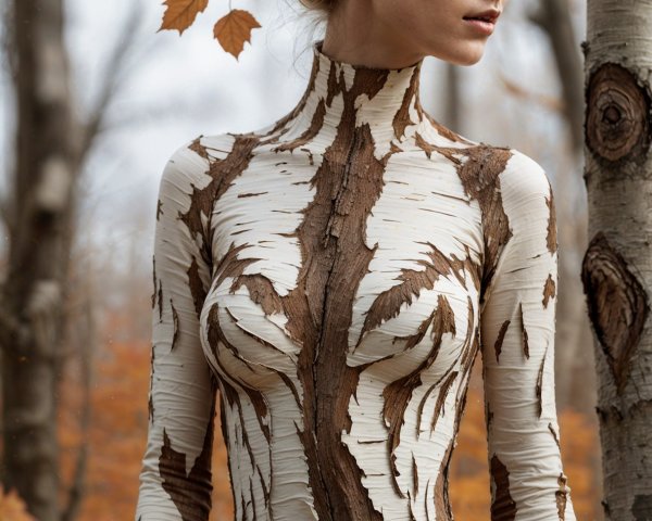 Woman in Bodysuit Resembles Tree Bark in Forest