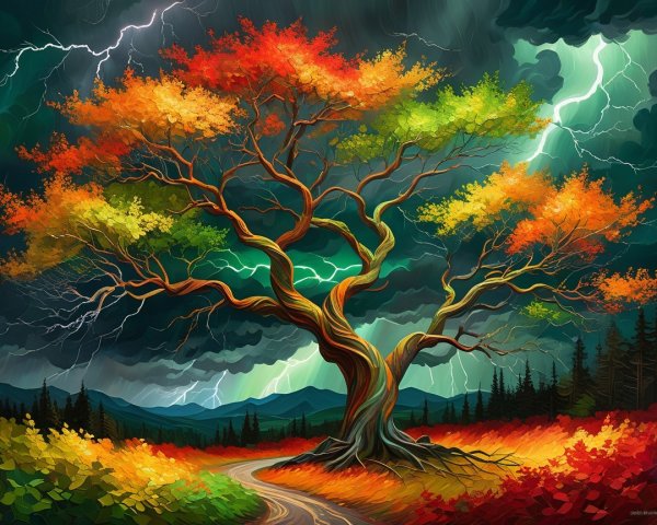 Majestic Tree in Vivid Autumn Landscape with Storm Clouds