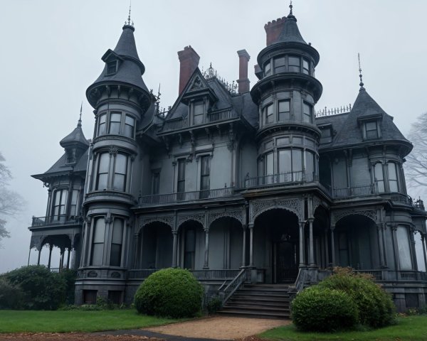Gothic Mansion Surrounded by Fog and Greenery