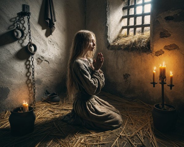 Young woman in prayer inside a dim prison cell
