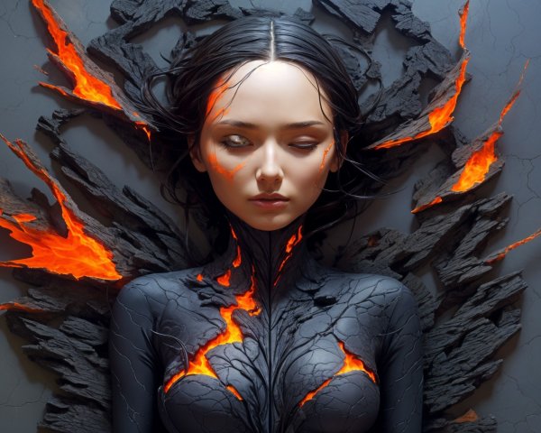Woman with molten lava-themed appearance and textures