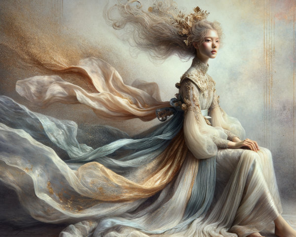 Ethereal Figure in Flowing Garments and Pastel Hues