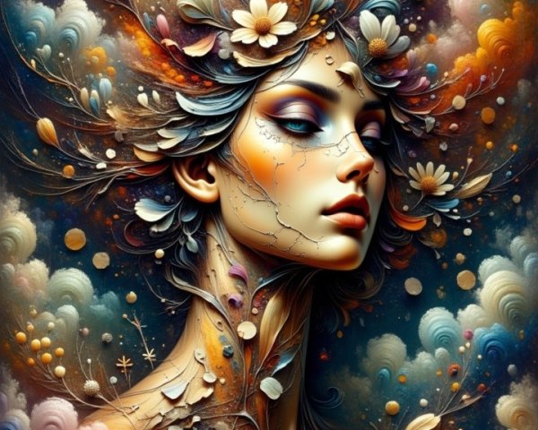 Surreal Female Figure with Floral and Cloud Elements
