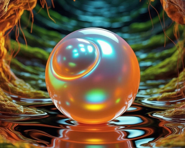 Iridescent Orb on Tranquil Surface with Rock Formations