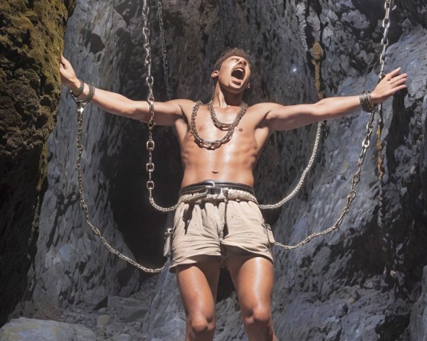 Muscular Young Man in Dramatic Cave Scene