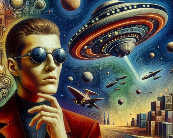 Cosmic Scene with Figure, Flying Saucer, and Planets