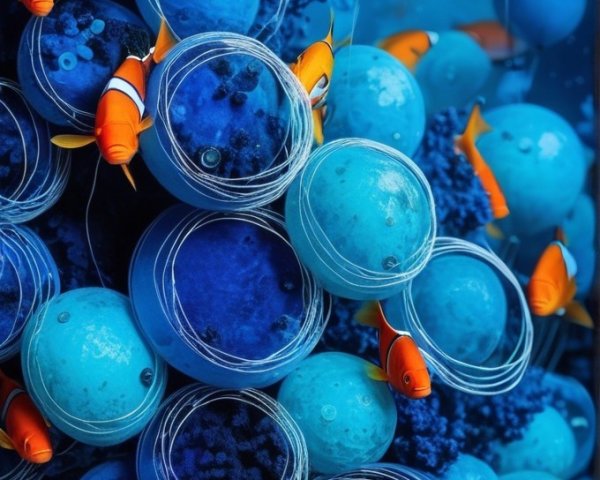 Underwater Scene with Blue Spheres and Clownfish