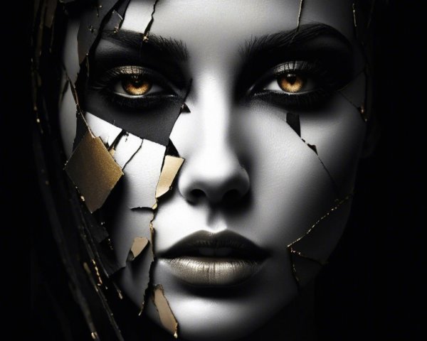 Portrait of a Woman with Fragmented Features and Gold Accents