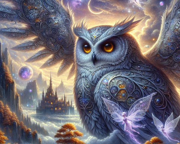 Majestic owl with patterns in a starry landscape