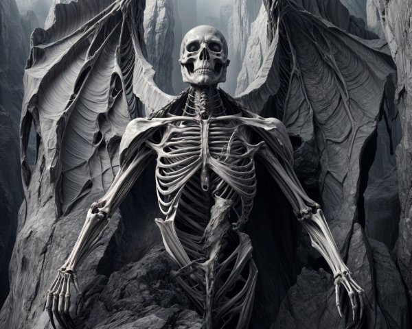 Skeletal Figure with Bat Wings in Dramatic Landscape