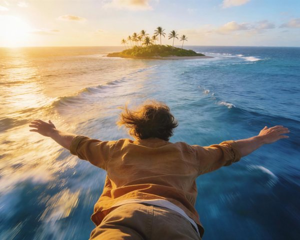 Man Hanging Over Choppy Water with Island in Distance