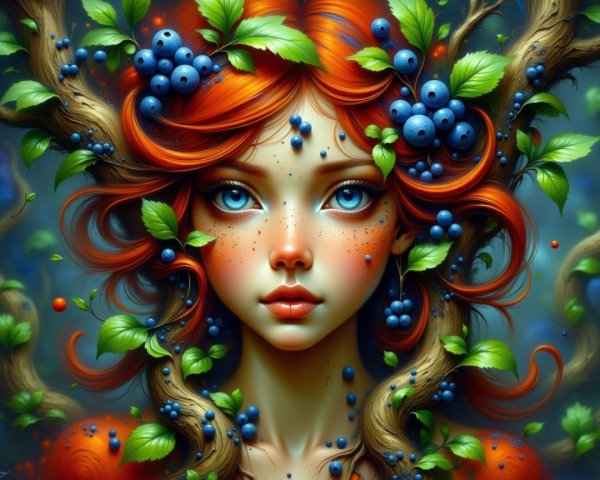 Portrait of a Young Woman with Red Hair and Nature Elements