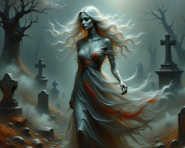 Spectral Figure in a Misty Graveyard Setting