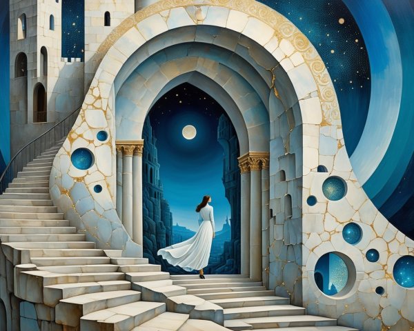 Surreal Landscape with Staircase and Archway Under Moon