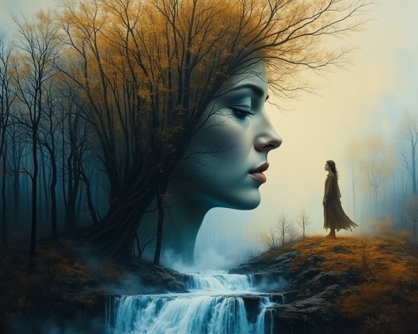 Surreal Landscape with Colossal Female Face and Waterfall