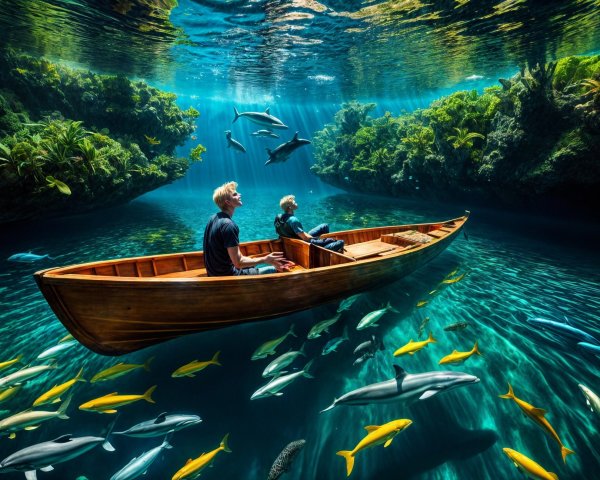 Individuals in a boat above vibrant underwater ecosystem