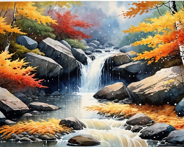 Cascading Waterfall in Vibrant Autumn Landscape
