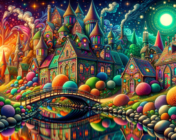 Whimsical Landscape with Colorful Buildings and River