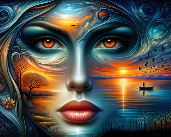 Portrait of a woman with smoke hair and sunset scene