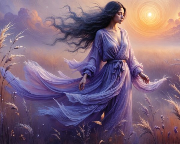 Ethereal woman in lavender gown at sunset in grass