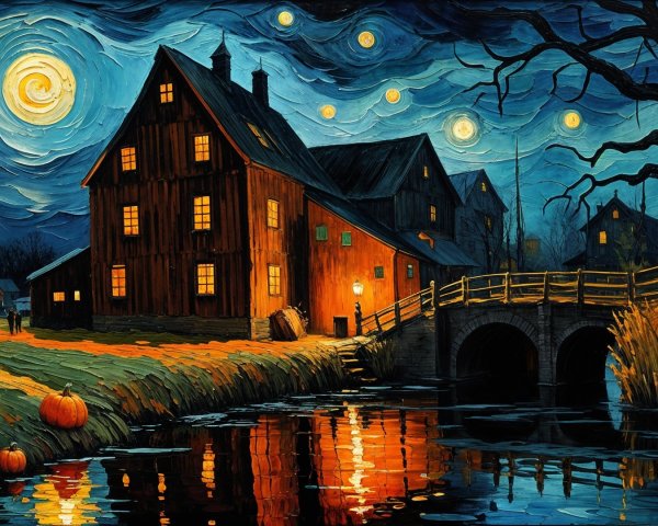Autumn Dusk Scene with Rustic House and Stream