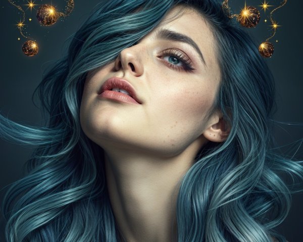 Portrait of a Young Woman with Blue Hair and Cosmic Elements