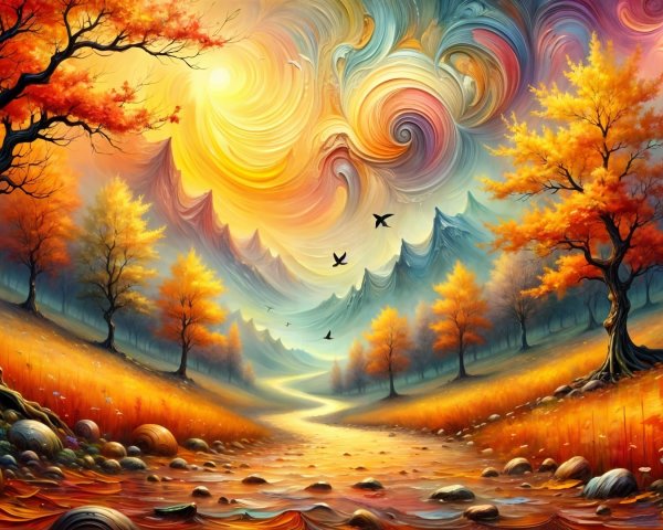Vibrant Autumn Landscape with River and Mountains