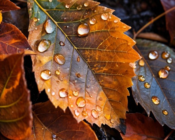 Close-Up of Autumn Leaves with Water Droplets