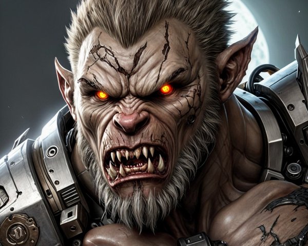 Muscular Creature with Cybernetic Enhancements Under Moon