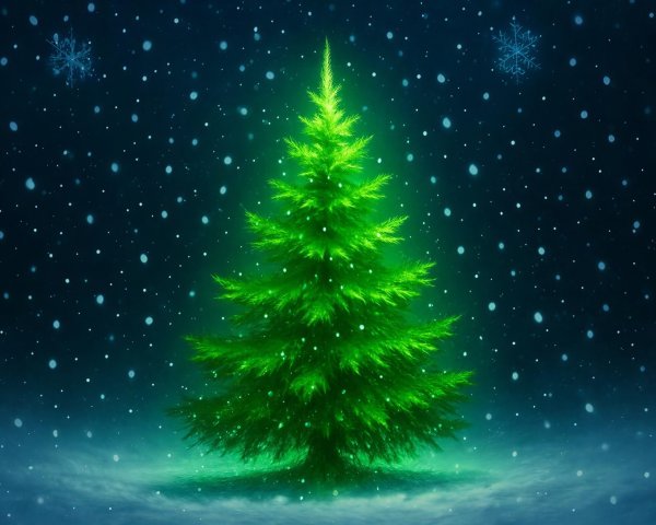 Glowing Green Christmas Tree on Snowy Night Scene
